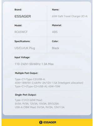 ESSAGER 65W GaN USB-C Charger with Quick Charge 4.0 and Power Delivery - Black