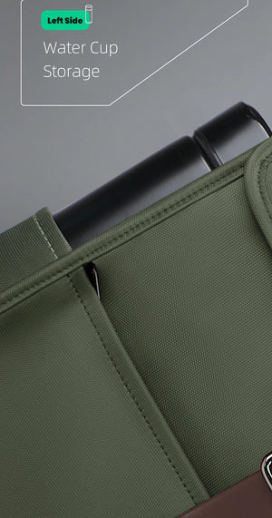 Green backpack left-side pocket for water cup storage next to bottle