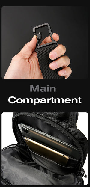 Compact crossbody bag with main compartment zipper and inner pocket detail