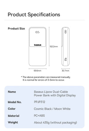 BASEUS Lipow Dual Cable Power Bank with Digital Display
