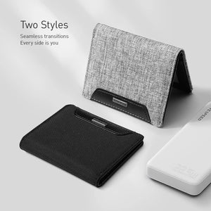 Men's slim bifold wallets, black and grey textured fabric with logo tab.