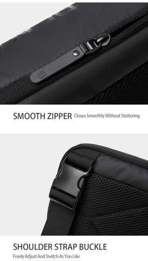 Black crossbody bag close-up of smooth zipper and adjustable shoulder strap buckle