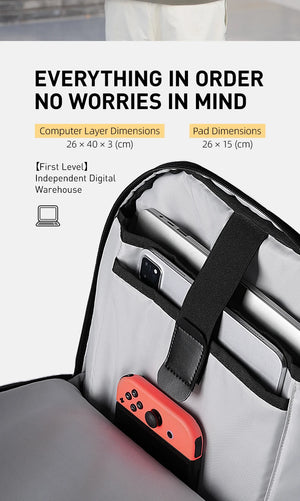 Compact laptop backpack interior with padded sleeves and elastic strap pocket