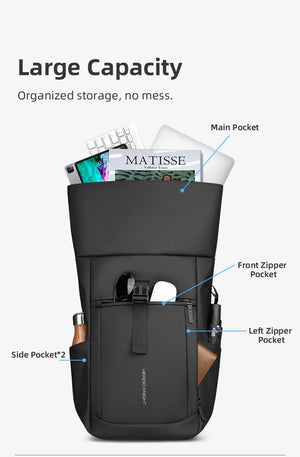 Black waterproof roll-top travel backpack with front and side zipper pockets