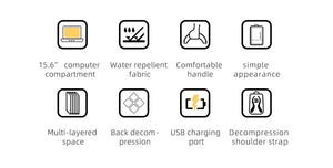 Black compact backpack with icons for water-repellent fabric and USB charging port