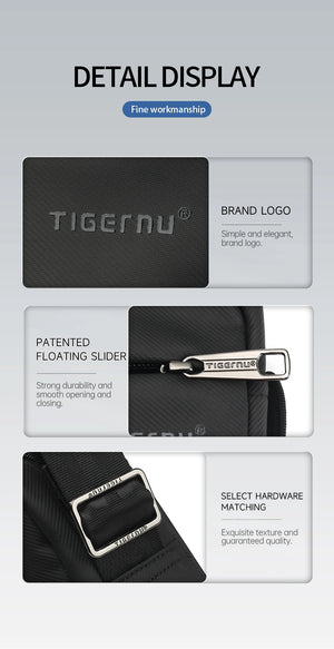 Black crossbody bag with TIGERNU logo patch and reinforced slider hardware detail.