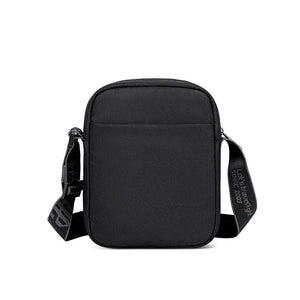Black compact messenger bag back panel with adjustable crossbody strap
