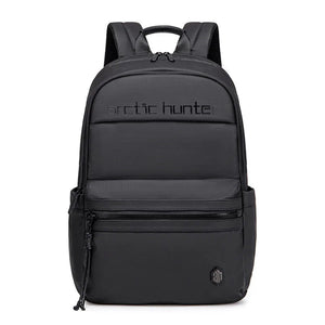 Black backpack with 'arctic hunter' branding on a white background