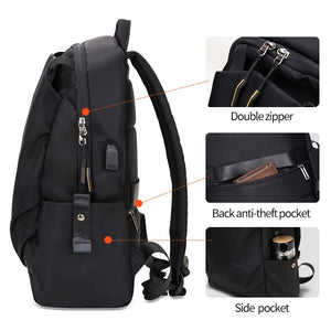 Black backpack with side pocket, anti-theft back pocket, and double zipper front
