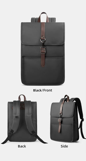 Black backpack view: front flap with buckle strap, shown from back and side