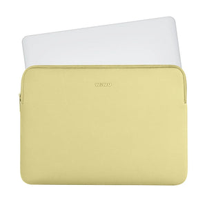 Laptop and tablet sleeve, yellow exterior with zip closure and WIWU logo.