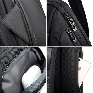 Dark gray compact waterproof crossbody bag close-up of textured fabric and zipper pulls