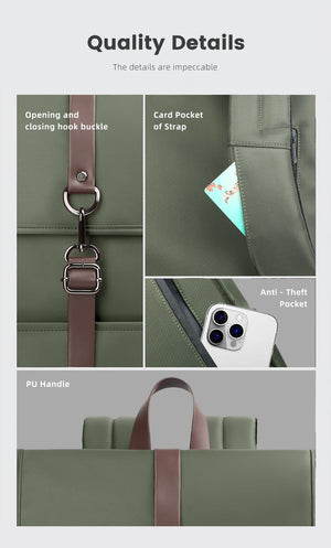 Green backpack quality details: hook, card pocket, anti-theft pocket, PU handle