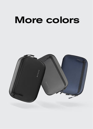 Compact zip tech pouches in dark gray and blue, two colors shown