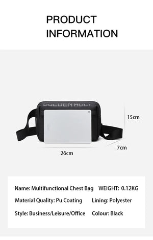 Black multifunction crossbody bag shown flat with front zip and two-part adjustable strap