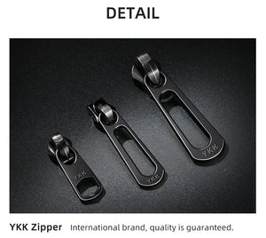 Close-up of YKK zipper pulls on black travel backpack