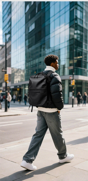 Black travel backpack worn on the back outdoors near buildings, with top handle and shoulder straps