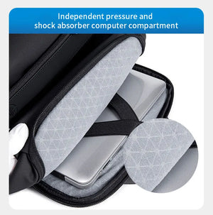 Waterproof travel backpack open laptop compartment with gray padded lining