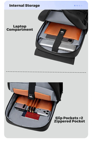 Black commuter backpack with laptop compartment, slip pockets, and zippered interior pocket