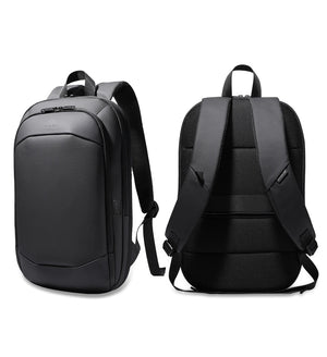 Black travel backpack shown front and back with adjustable shoulder straps