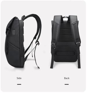 Black roll-top waterproof travel backpack shown from side and back with shoulder straps