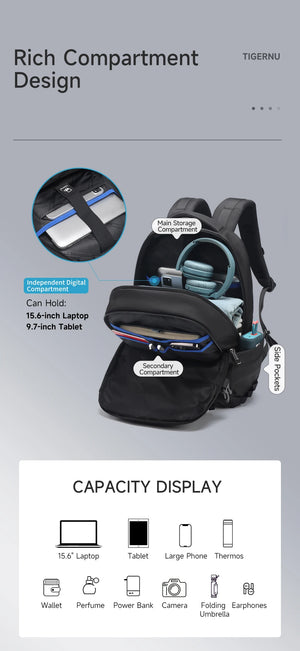 Black travel backpack with padded laptop compartment and side storage pockets