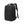 Large black travel backpack with front vertical zipper and side strap attachment