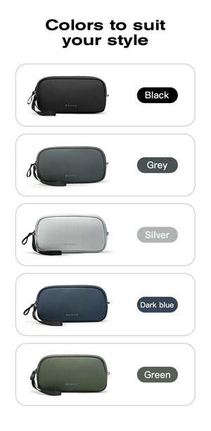 Color options for tech storage bag: black, grey, silver, dark blue, and green