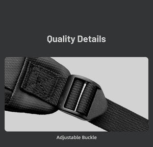 Adjustable buckle on black backpack shoulder strap
