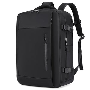 Black travel backpack with front zip pocket, side elastic pocket, and padded shoulder straps