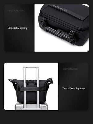 Black bag detail showing adjustable strap buckles and tie-down fastening strap