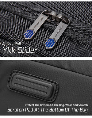 Black YKK zipper slider with smooth pull; reinforced bottom protective panel