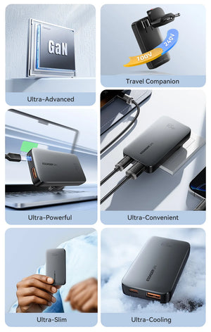 ESSAGER 65W Ultra Thin GaN Travel USB Charger with Quick Charge 4.0, PD3.0 - Black