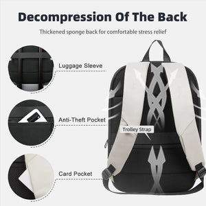 Travel backpack back panel with padded straps and side pockets, light gray/black