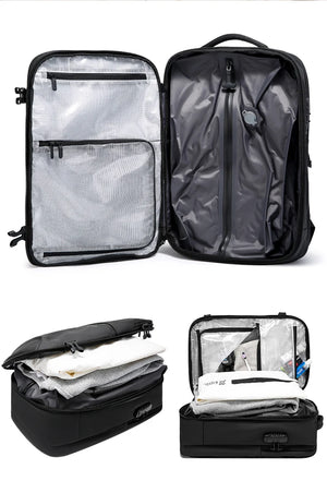 Black travel backpack with front and back compartments, plus an open mesh organizer panel