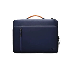 Navy waterproof laptop bag with tan top handle, side zip and minimal protective design
