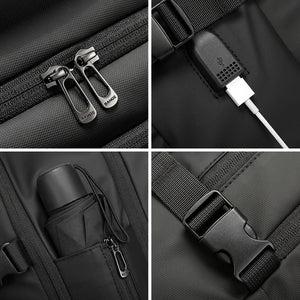 Close-up of backpack zipper pulls and USB charging port area with cable connection.