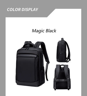 Black waterproof travel backpack with front pocket and expandable side zipper compartments