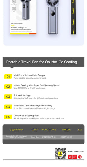BASEUS GoTrip DT1 Foldable Rechargeable Handheld Portable Fan