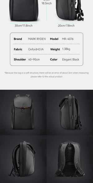Black waterproof travel backpack with adjustable shoulder straps and side/back view details