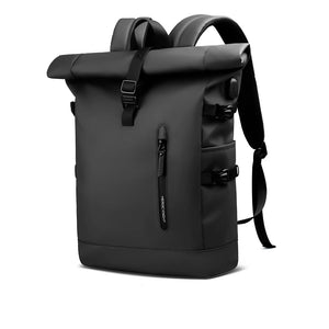 Black roll-top waterproof travel backpack with front zipper pocket and roll-top straps