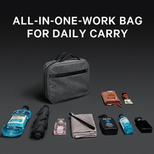 Gray collapsible waterproof toiletries bag shown with travel-size items inside