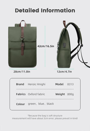 Green HEROIC KNIGHT backpack size specs: 42cm height, 28cm width, 12cm depth