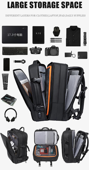 Large travel backpack with multiple interior pockets, black with orange trim