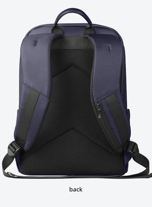Navy commuter backpack back view with breathable panel and adjustable shoulder straps