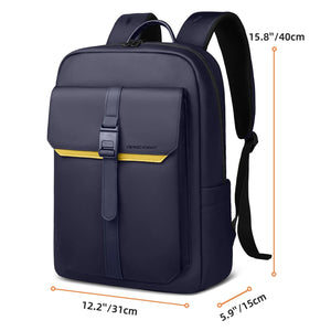 Waterproof commuter backpack in dark blue with top handle, padded straps, front flap pocket