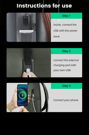 Green backpack showing USB charging steps with cable and phone connection