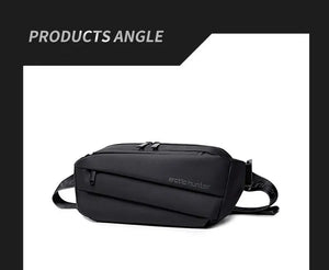 Black crossbody bag angled view with top zip, front logo, and adjustable strap
