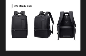 Black waterproof travel backpack, front, side, and back views
