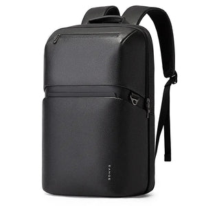 Black leather-look business laptop backpack with front zipper pocket and carry handle